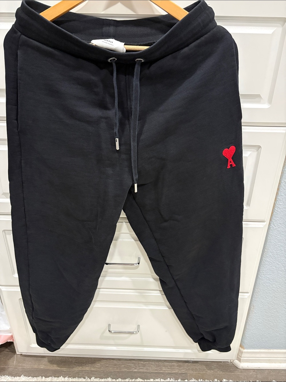 Ami Black Joggers with Red Heart Logo